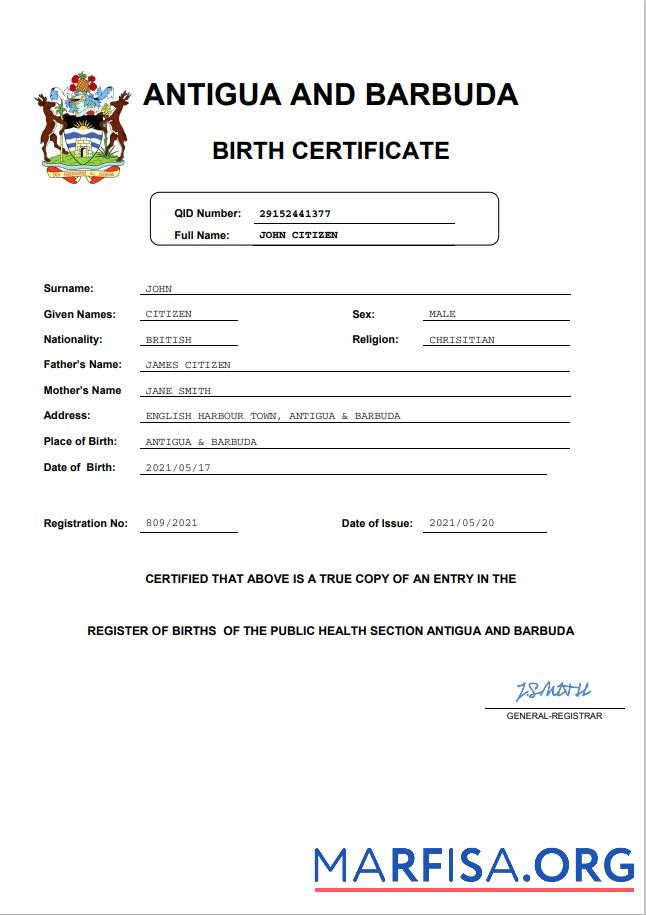 Realistic Antigua and Barbuda birth certificate Word and PDF template